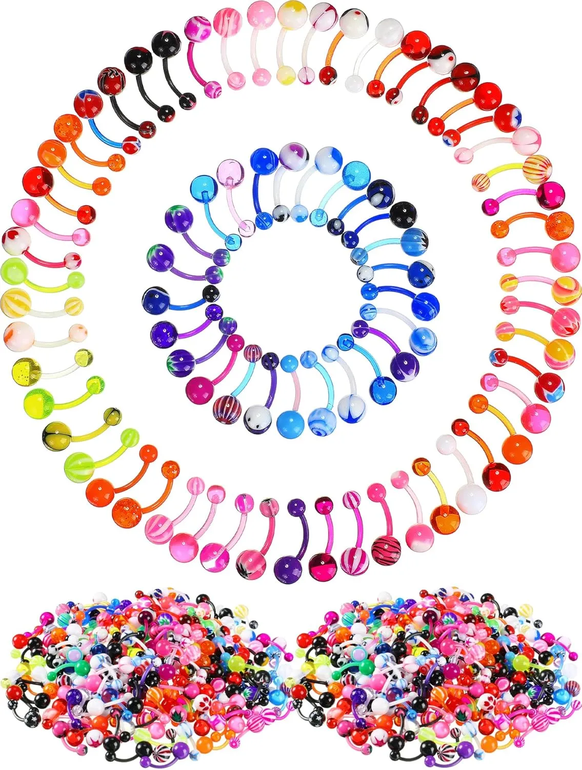 Junkin 200 Pieces Belly Button Rings Piercing Multipack Belly Ring Button Banana Barbells Colorful Body Navel Barbell Acrylic Balls Steel Belly Body Piercing Jewelry