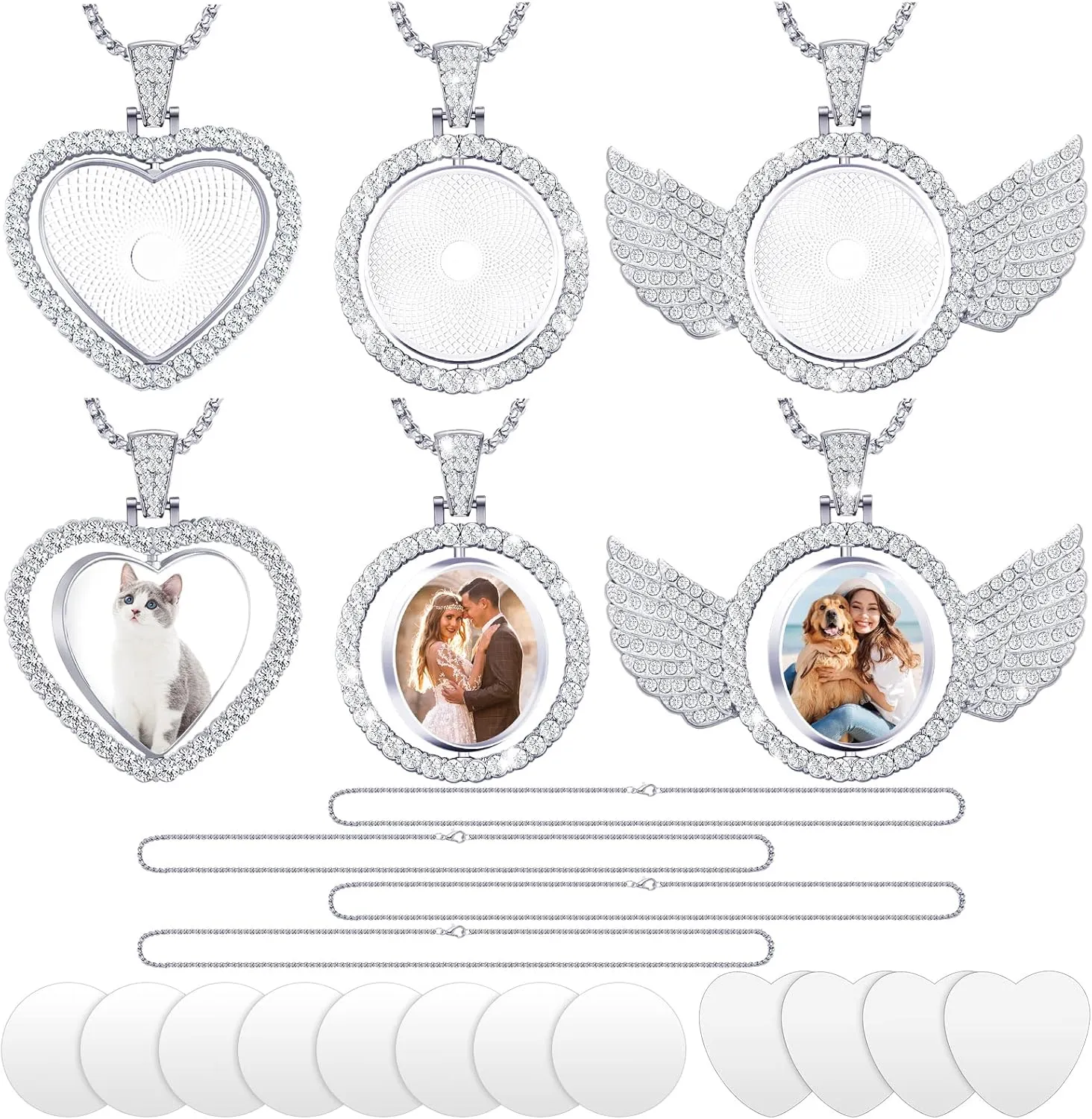Junkin 24 Pcs Sublimation Rhinestone Trays Pendant Set, Including 6 Double Sided Blank Rhinestone Bezel Trays, 6 Pcs Thick Chains with 12 Sublimation Discs for Making