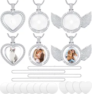 Junkin 24 Pcs Sublimation Rhinestone Trays Pendant Set, Including 6 Double Sided Blank Rhinestone Bezel Trays, 6 Pcs Thick Chains with 12 Sublimation Discs for Making
