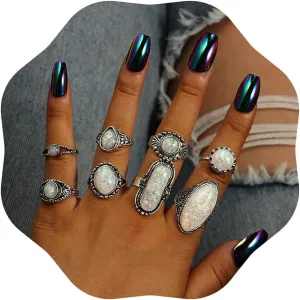 JWICOS 8 Pcs Vintage Joint Knuckle Rings Set Oval Finger Ring for Women Bohemian Teardrop Rings Punk Ring for Party Halloween Costume