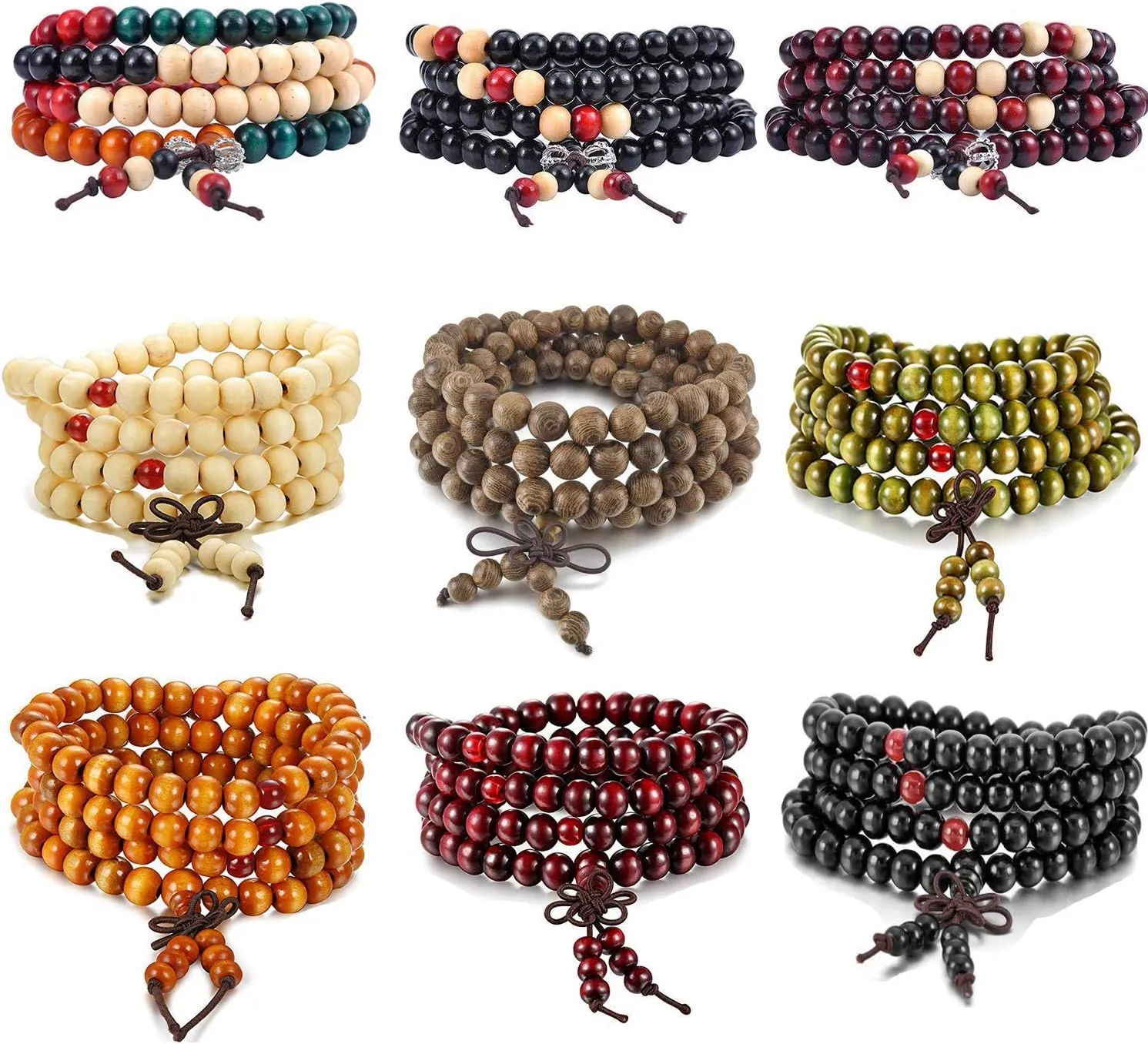 K&Q 9 Pcs Mens Womens Wood Necklace Chain Bracelets, Handmade Multilayer 8MM 108 Buddhist Prayer Strand Wood Beaded Bracelet Necklace Buddhist Beads Elastic