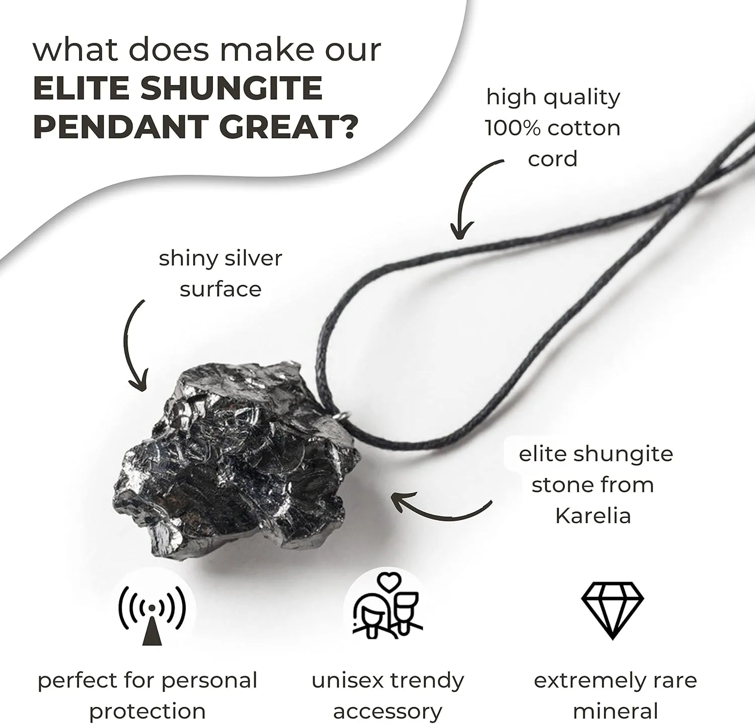 Karelian Heritage Elite Shungite Pendant | Minimalistic Black Crystal Jewelry | Defender Shield Protection Necklace Raw Stone | Chakra Healing Crystal Necklace, Reiki Meditation, Grounding