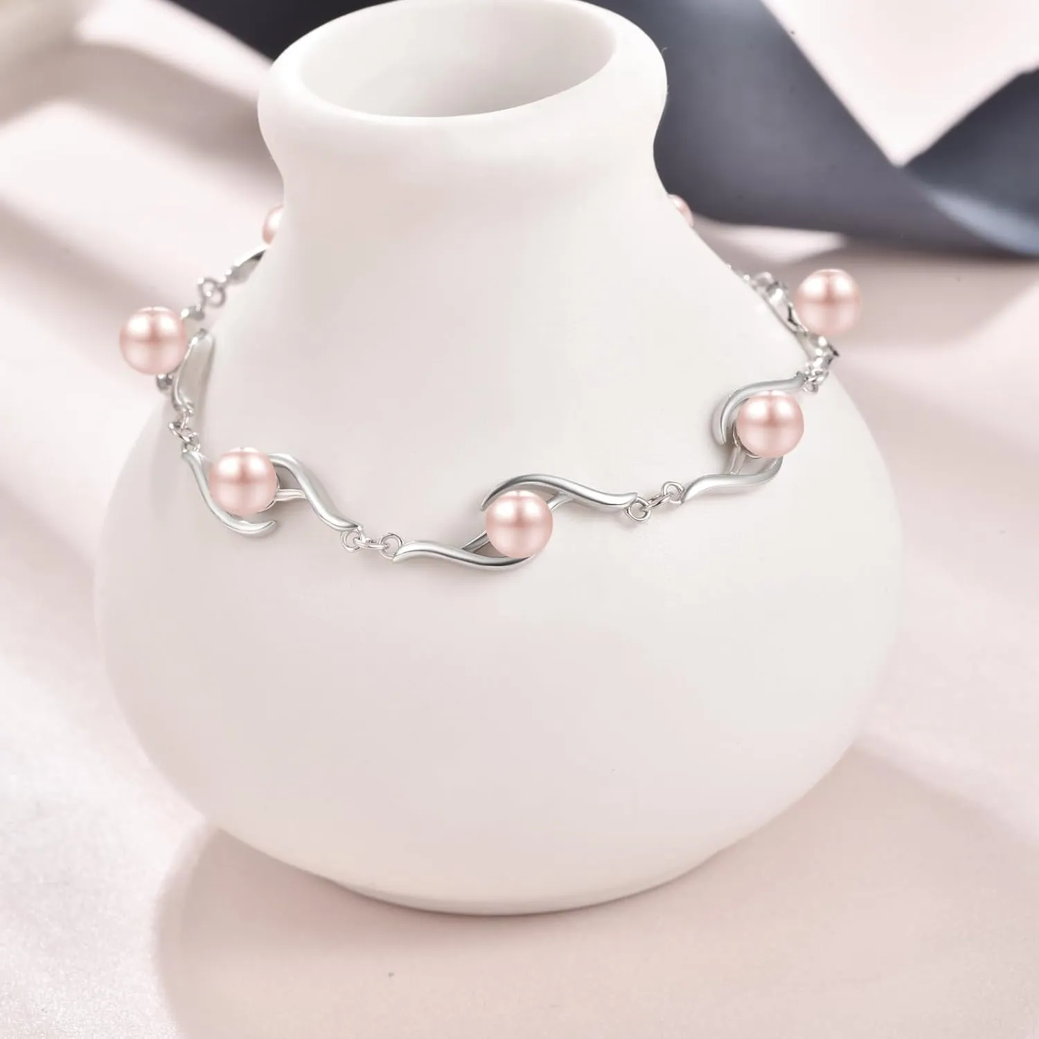 KINGWHYTE Pearl Bracelet for Women 925 Sterling Silver Adjustable Bracelets Birthday Jewelry Gifts for Her