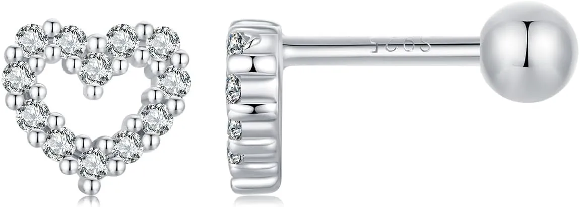Kokoma 18G Love Heart Sterling Silver Earrings Hypoallergenic for Women Girls Cubic Zirconia Cartilage Tragus Piercing Earrings Post Screw Back Small Ear Jewelry