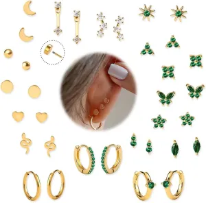 KRFY Flat Back Stud Earrings - 17 Pairs 18K Hypoallergenic Surgical Steel Stud Earrings For Women Stainless Steel Gold Hoop Earrings Tiny Screw Back Cartilage Earring Set For Multiple Piercing
