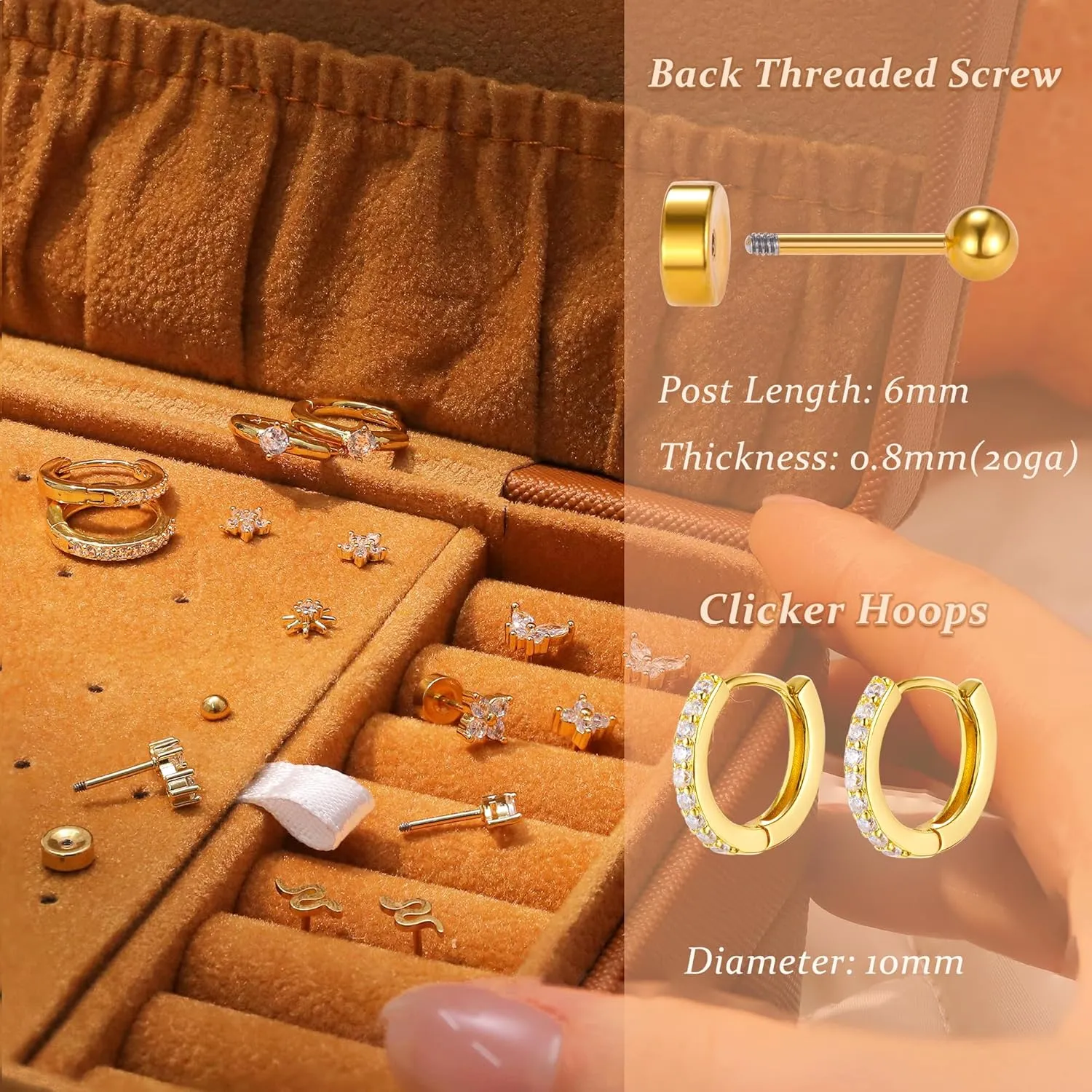 KRFY Flat Back Stud Earrings - 17 Pairs 18K Hypoallergenic Surgical Steel Stud Earrings For Women Stainless Steel Gold Hoop Earrings Tiny Screw Back Cartilage Earring Set For Multiple Piercing