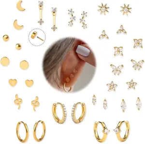 KRFY Flat Back Stud Earrings - 17 Pairs 18K Hypoallergenic Surgical Steel Stud Earrings For Women Stainless Steel Gold Hoop Earrings Tiny Screw Back Cartilage Earring Set For Multiple Piercing