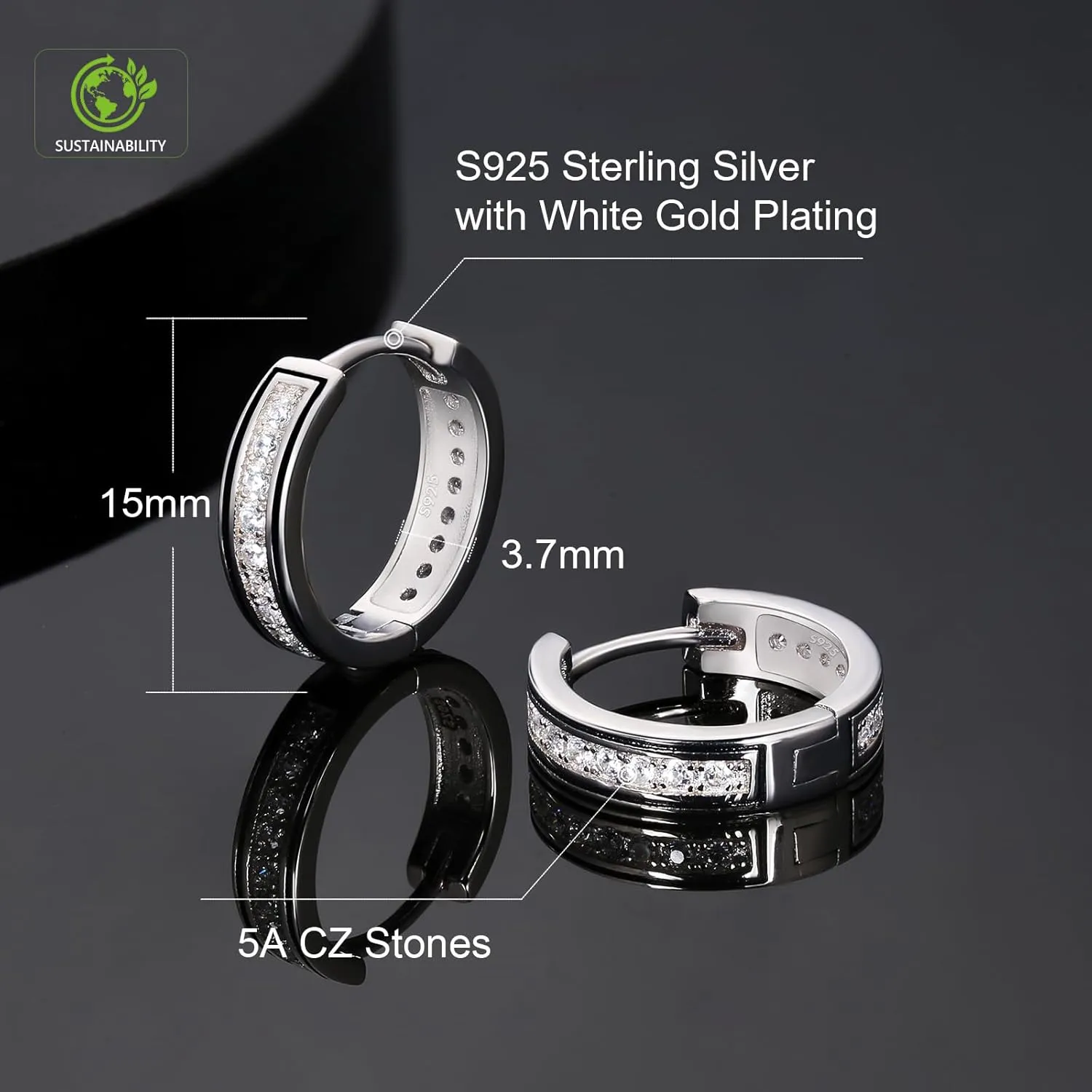 KRKC&CO Hoop Earrings for Men, S925 Sterling Silver, 14K/White Gold Plating, Hypoallergenic, Curved Face Hip Hop Rapper,     