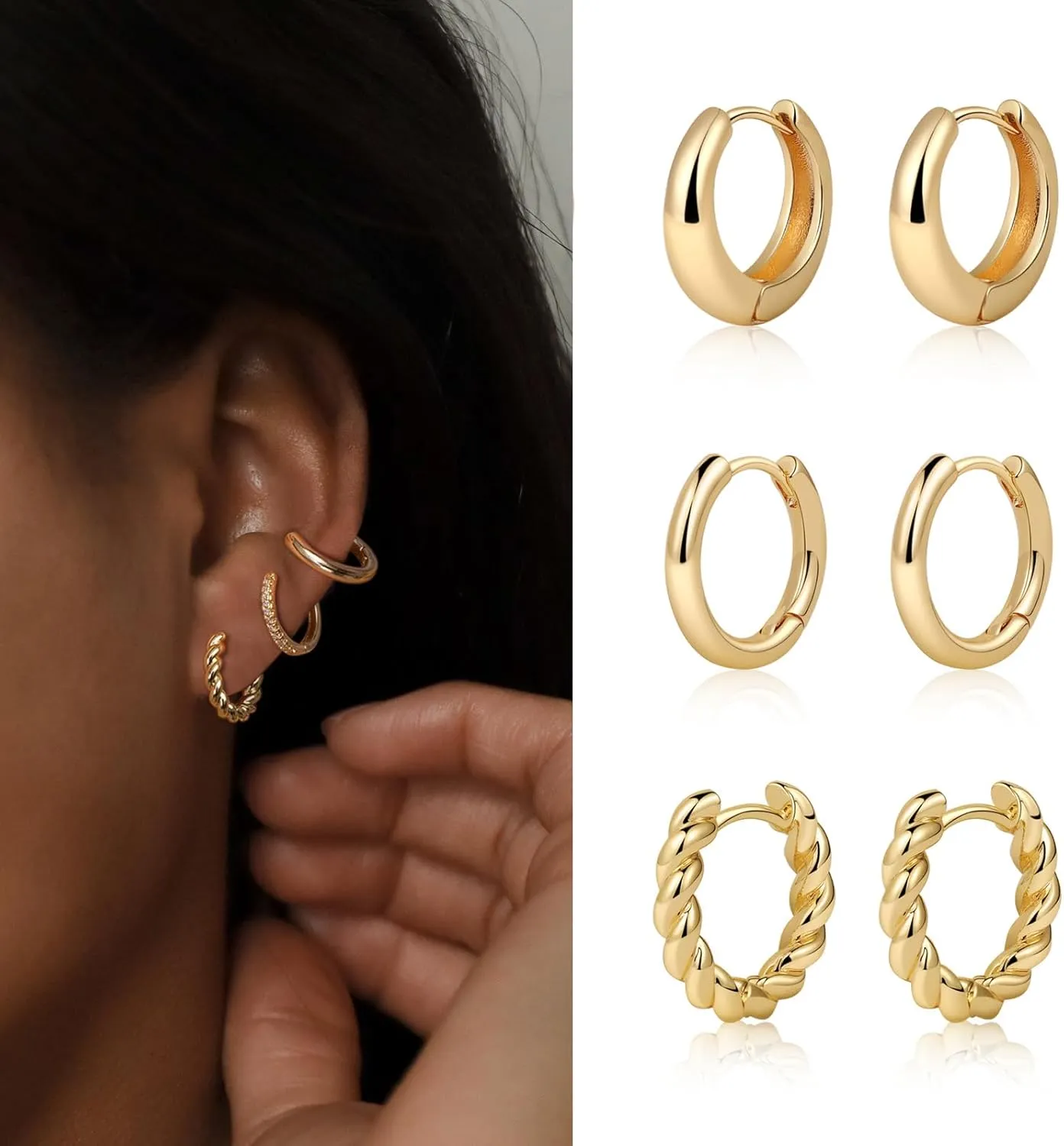 Kyerlyn 3/6 Pairs Gold/Silver Hoop Earrings for Women Twisted Chunky Gold Small Hoop Earrings Set 14K Gold Plated Hypoallergenic Thick Open Multipack Jewelry for Women Valentine's Day Gift