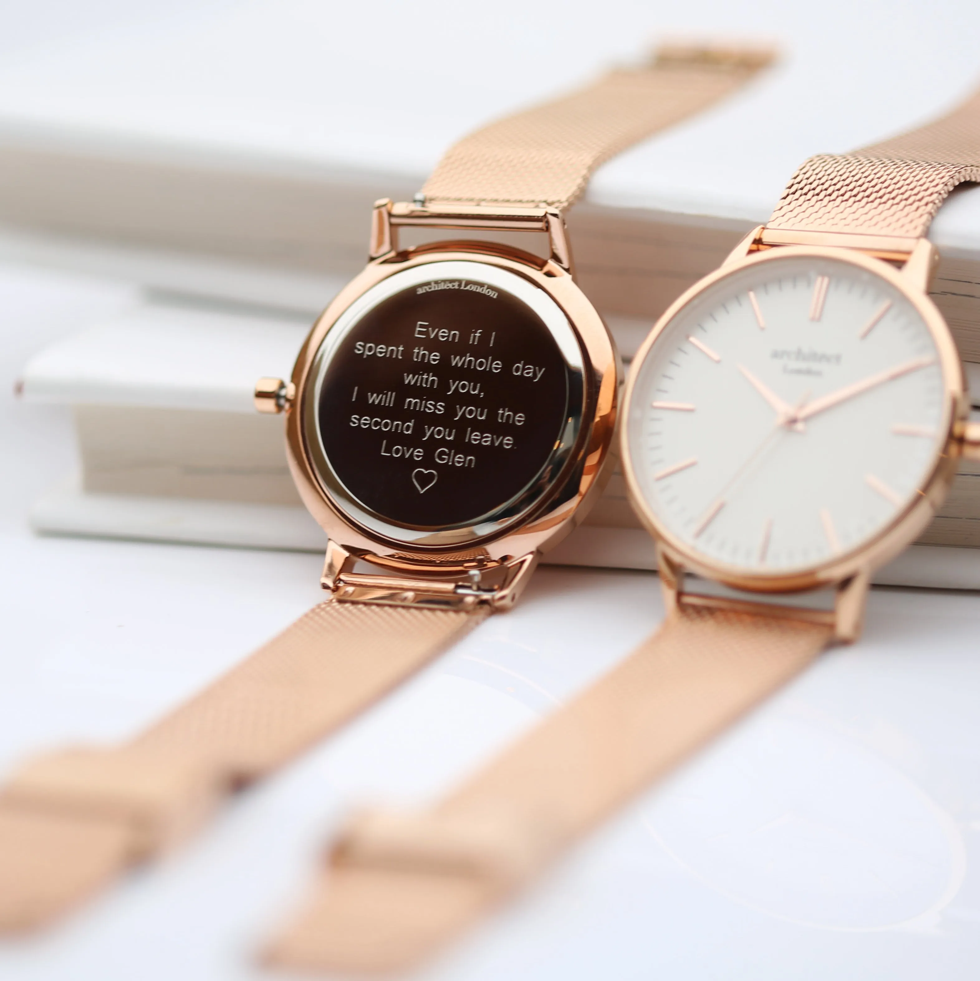Ladies Archiect Blanc - Modern Font Engraving, Rose Gold Mesh Strap
