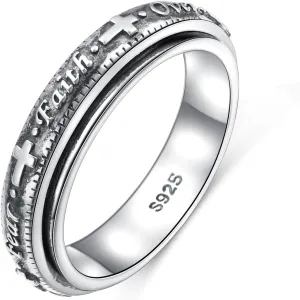 Ladytree Anxiety Relieve Spinner Rings 925 Sterling Silver Faith Over Fear Cross Pattern Oxidized Fidget Ring Meditation ADHD Stress Relieving Ring for Women Men,Size 7