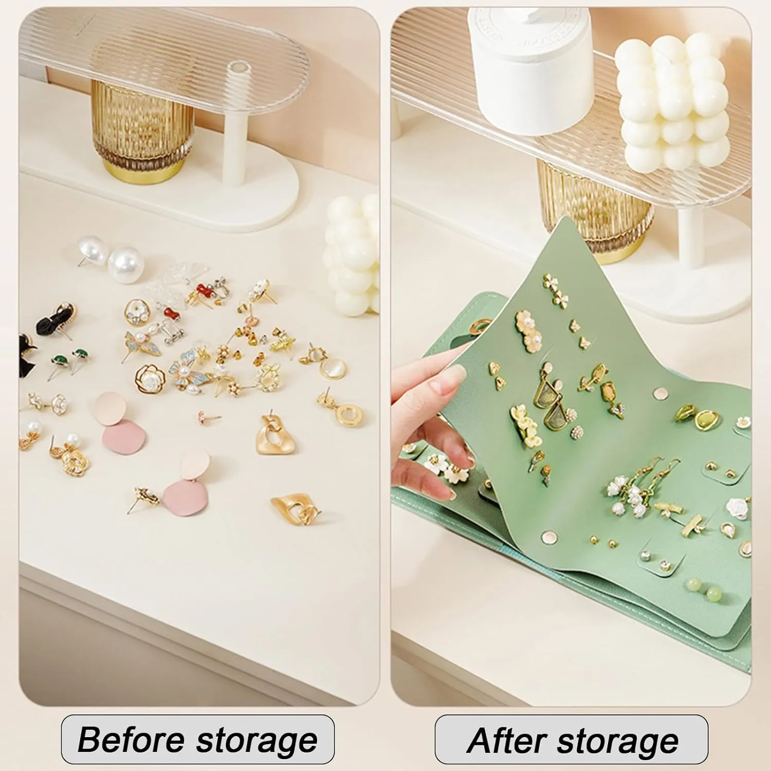 LAKE OF FIRE Earring Holder Organizer with Foldable Book Design Earring Book Organizer, Portable Pu Leather Travel Earring Case (Green)