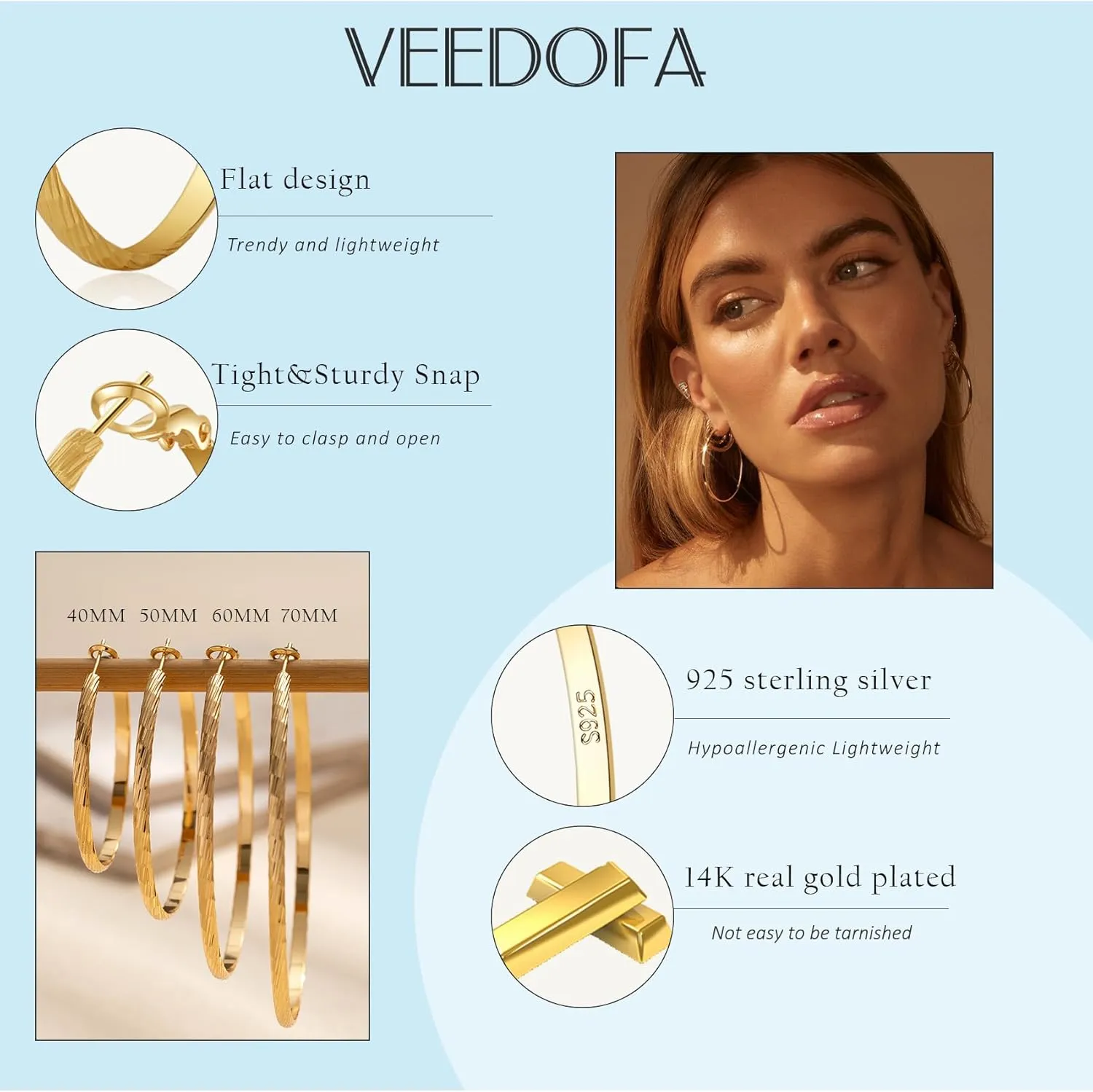 Large Gold Hoop Earrings for Women 925 Sterling Silver Hoop Earrings Hypoallergenic Lightweight Wide Thick Hoops Earrings for Women