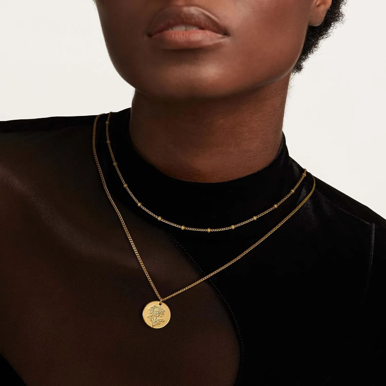 Layered Birth Flower Necklace for Women 18K Gold Plated Dainty Layering Coin Disc Pendant Necklaces Gold Jewelry Birthday Gifts 12 Month