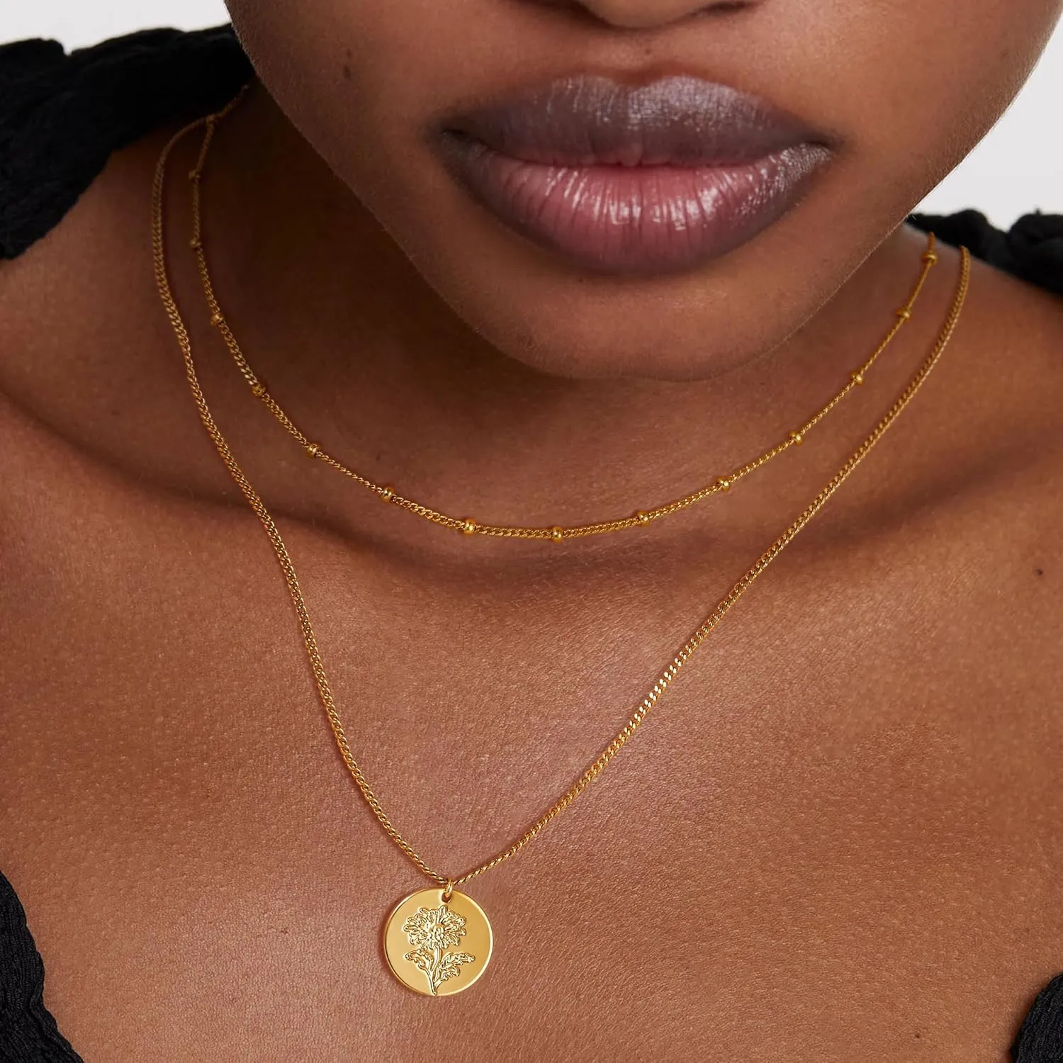 Layered Birth Flower Necklace for Women 18K Gold Plated Dainty Layering Coin Disc Pendant Necklaces Gold Jewelry Birthday Gifts 12 Month