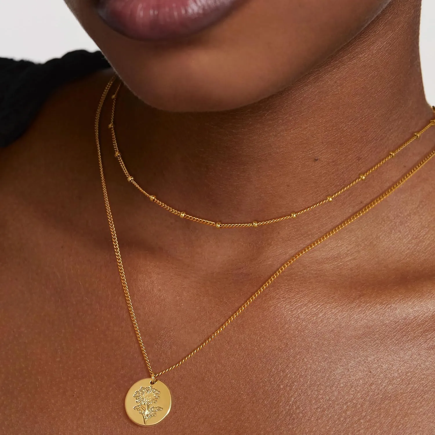 Layered Birth Flower Necklace for Women 18K Gold Plated Dainty Layering Coin Disc Pendant Necklaces Gold Jewelry Birthday Gifts 12 Month