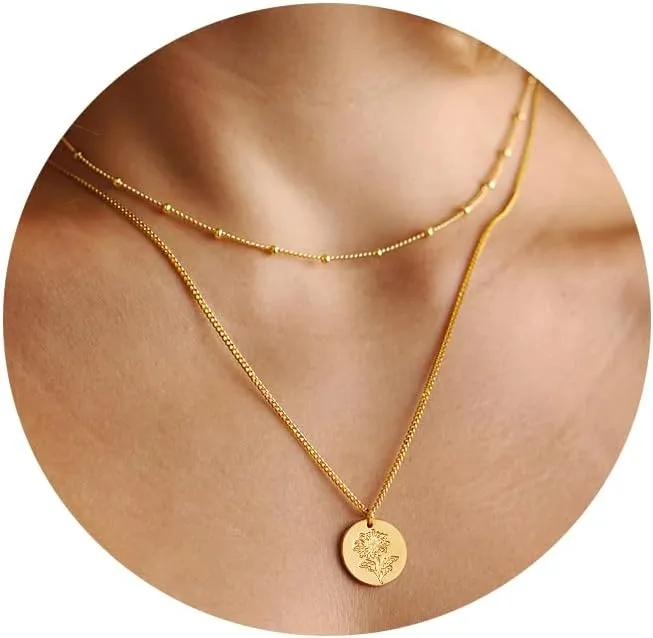 Layered Birth Flower Necklace for Women 18K Gold Plated Dainty Layering Coin Disc Pendant Necklaces Gold Jewelry Birthday Gifts 12 Month
