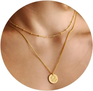 Layered Birth Flower Necklace for Women 18K Gold Plated Dainty Layering Coin Disc Pendant Necklaces Gold Jewelry Birthday Gifts 12 Month
