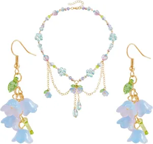 Layered Pearl Flower Necklaces Earrings for Women,Vintage Crystal Beaded Bell Orchid Dangle Earrings Y2K Flower Heart Tassel Chain Necklace Jewelry (A)