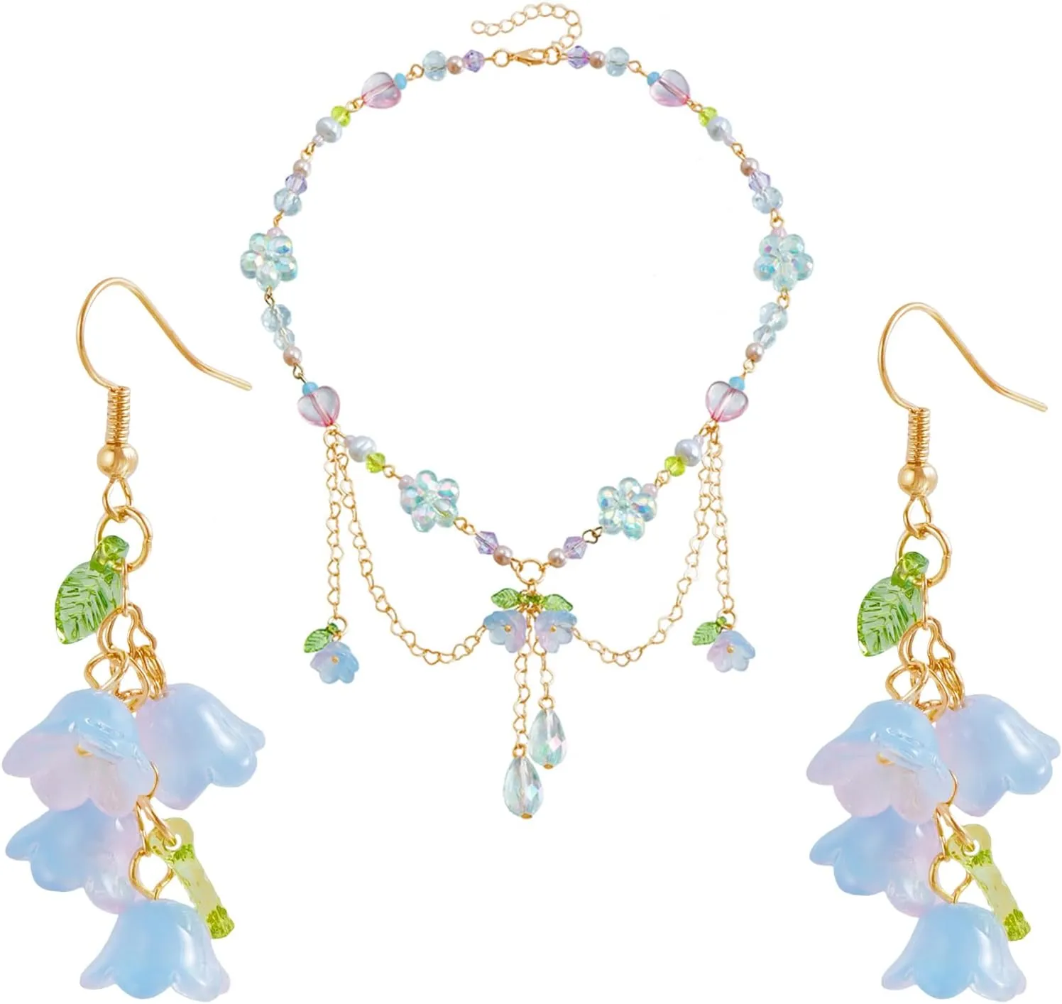 Layered Pearl Flower Necklaces Earrings for Women,Vintage Crystal Beaded Bell Orchid Dangle Earrings Y2K Flower Heart Tassel Chain Necklace Jewelry (A)