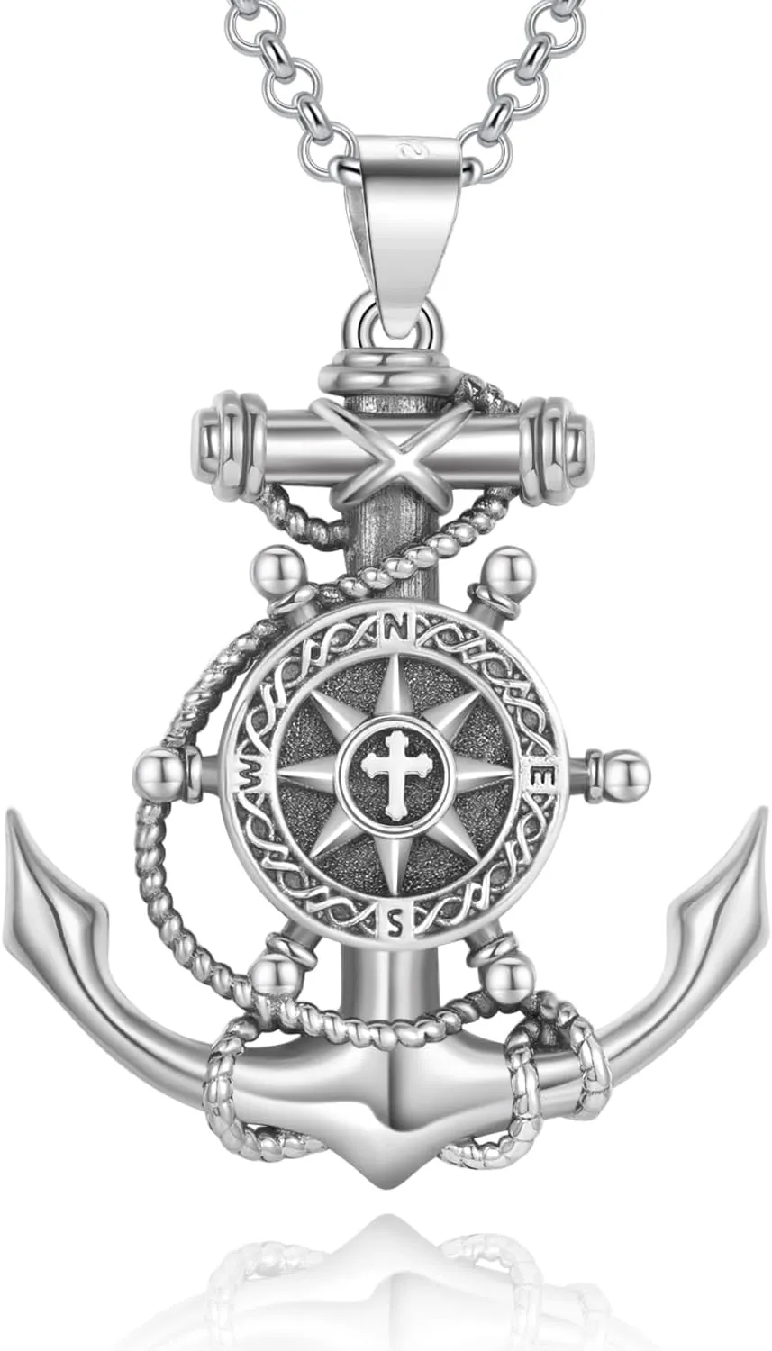 LES OSEWA Compass Necklace for Men Sterling Silver Compass Pendant Masonic Viking Necklace Travel Amulet Necklace Inspirational Graduation Jewelry Gifts for Women