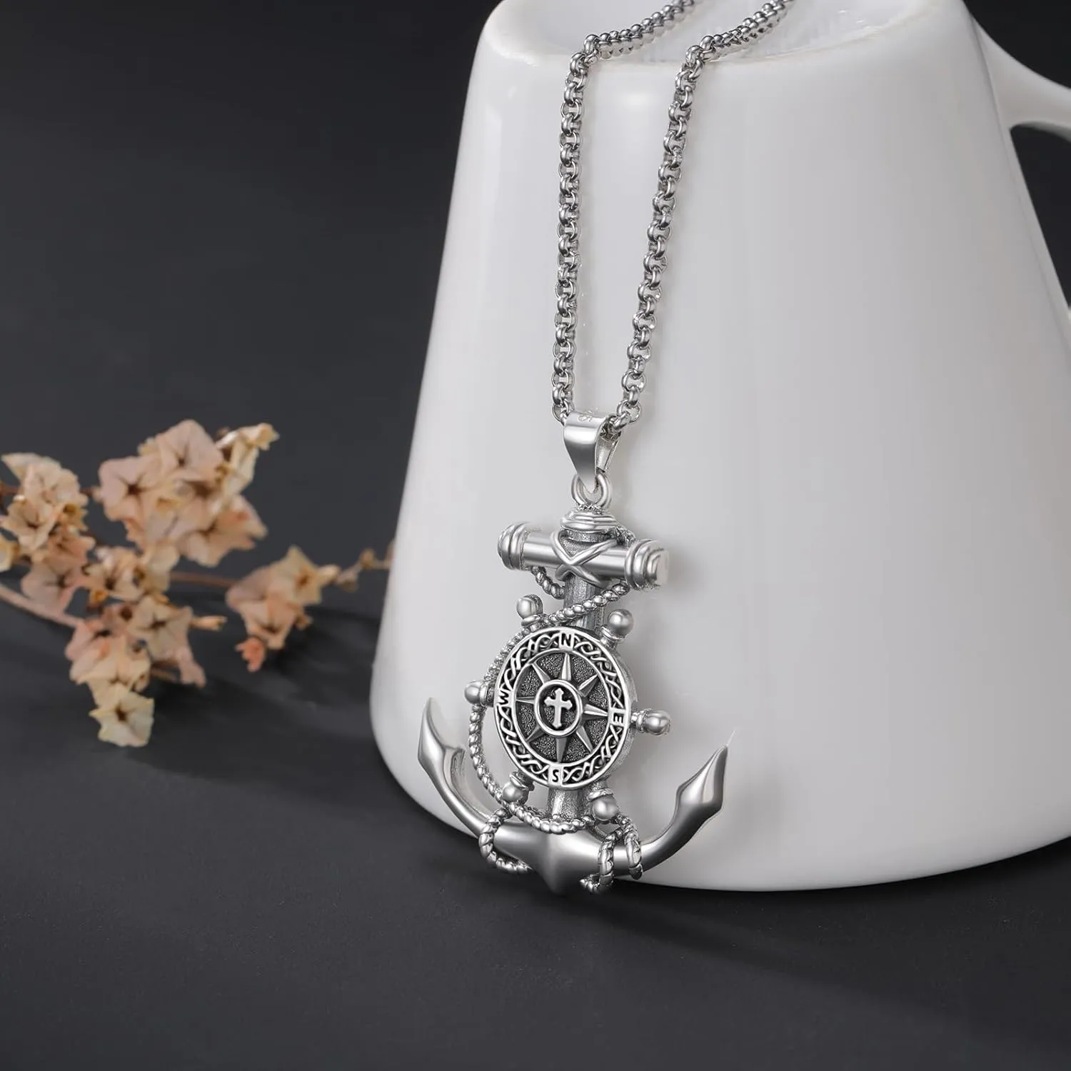 LES OSEWA Compass Necklace for Men Sterling Silver Compass Pendant Masonic Viking Necklace Travel Amulet Necklace Inspirational Graduation Jewelry Gifts for Women