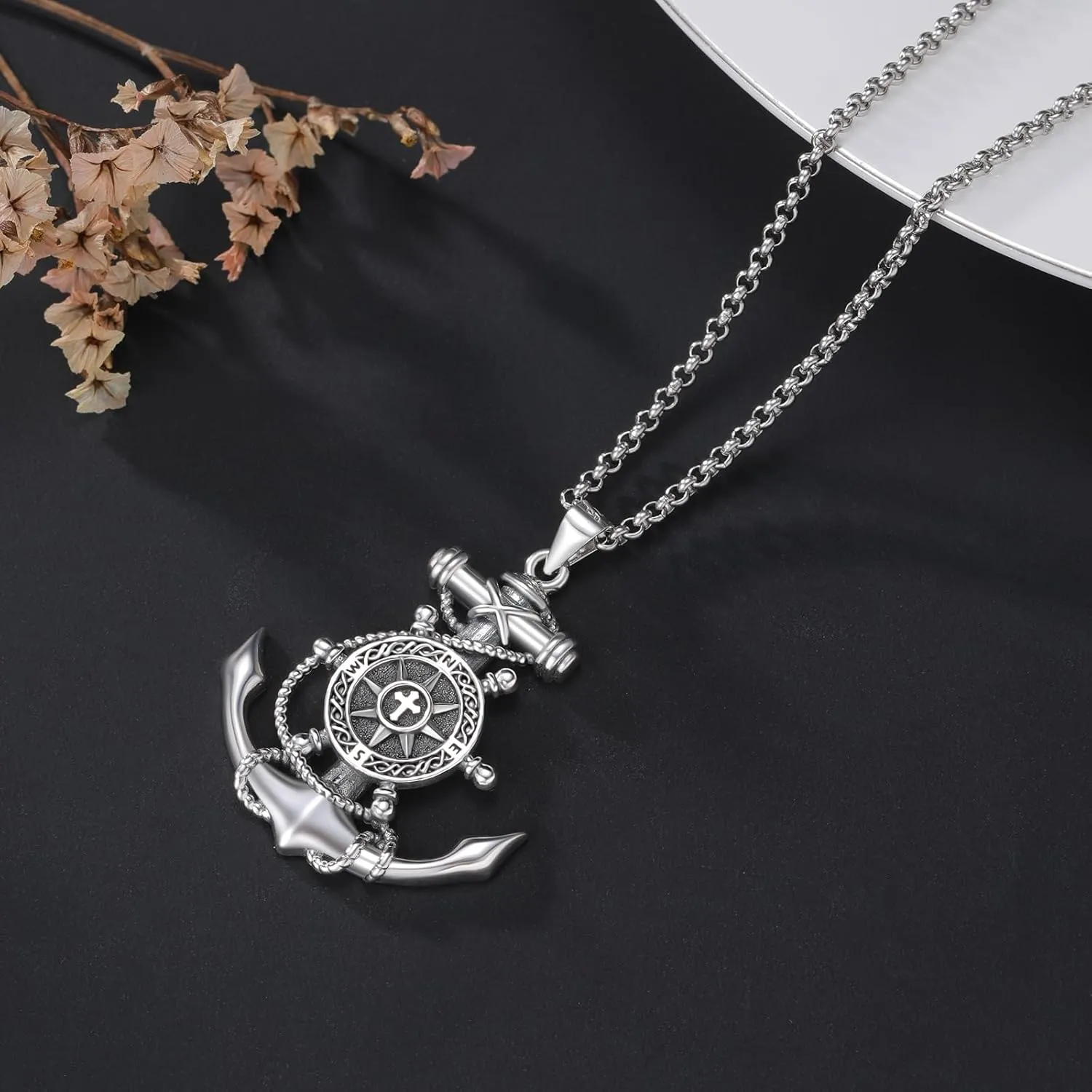 LES OSEWA Compass Necklace for Men Sterling Silver Compass Pendant Masonic Viking Necklace Travel Amulet Necklace Inspirational Graduation Jewelry Gifts for Women