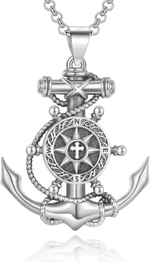 LES OSEWA Compass Necklace for Men Sterling Silver Compass Pendant Masonic Viking Necklace Travel Amulet Necklace Inspirational Graduation Jewelry Gifts for Women