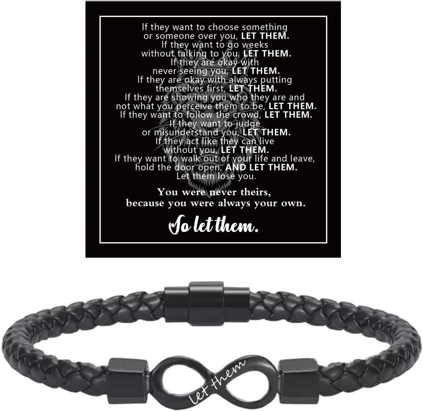 Let Them Infinity Leather Bracelet, Self Worth Motivation Bracelet Stainless Steel Black Braided Leather Bangle Bracelets Handmade Engraved Inspirational Friendship Jewelry Gift for Men