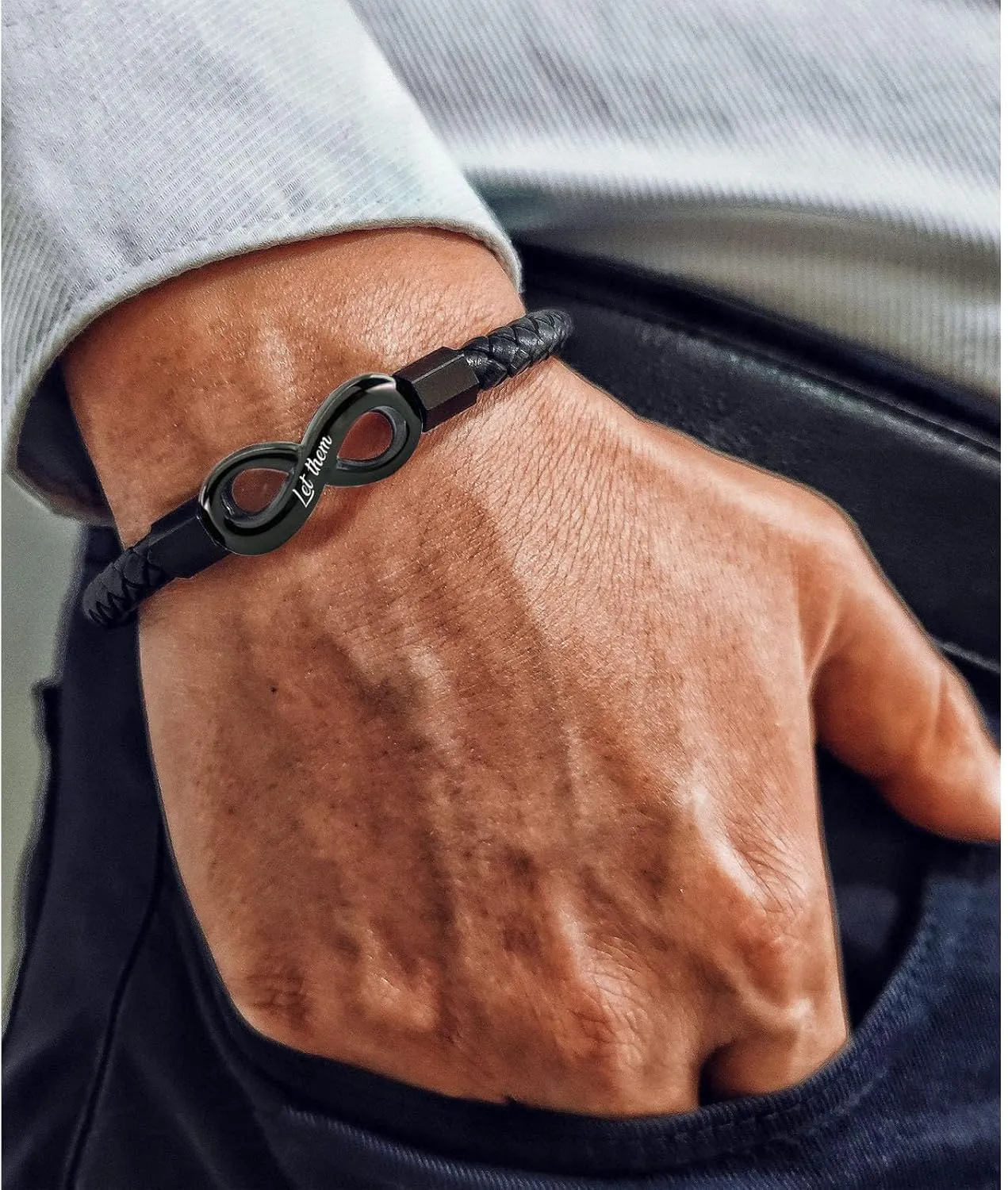 Let Them Infinity Leather Bracelet, Self Worth Motivation Bracelet Stainless Steel Black Braided Leather Bangle Bracelets Handmade Engraved Inspirational Friendship Jewelry Gift for Men