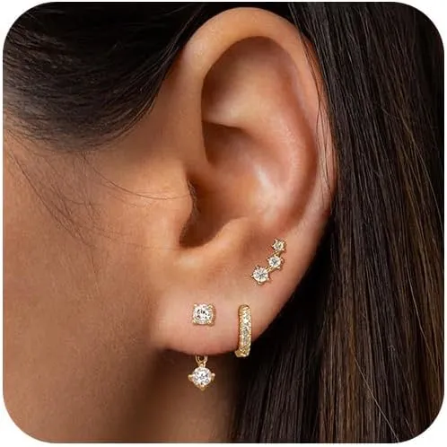 LEXODY Gold Earrings Set for Women, Dainty 14K Real Gold Stud Hoops Earrings Sets Double Piercing Earring For Two Holes Multiple Earrings Jewelry for Women
