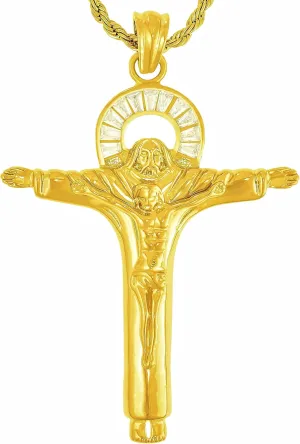 LIFETIME JEWELRY Large CZ Halo Jesus Pendant Cross Necklace 24k Gold Plated