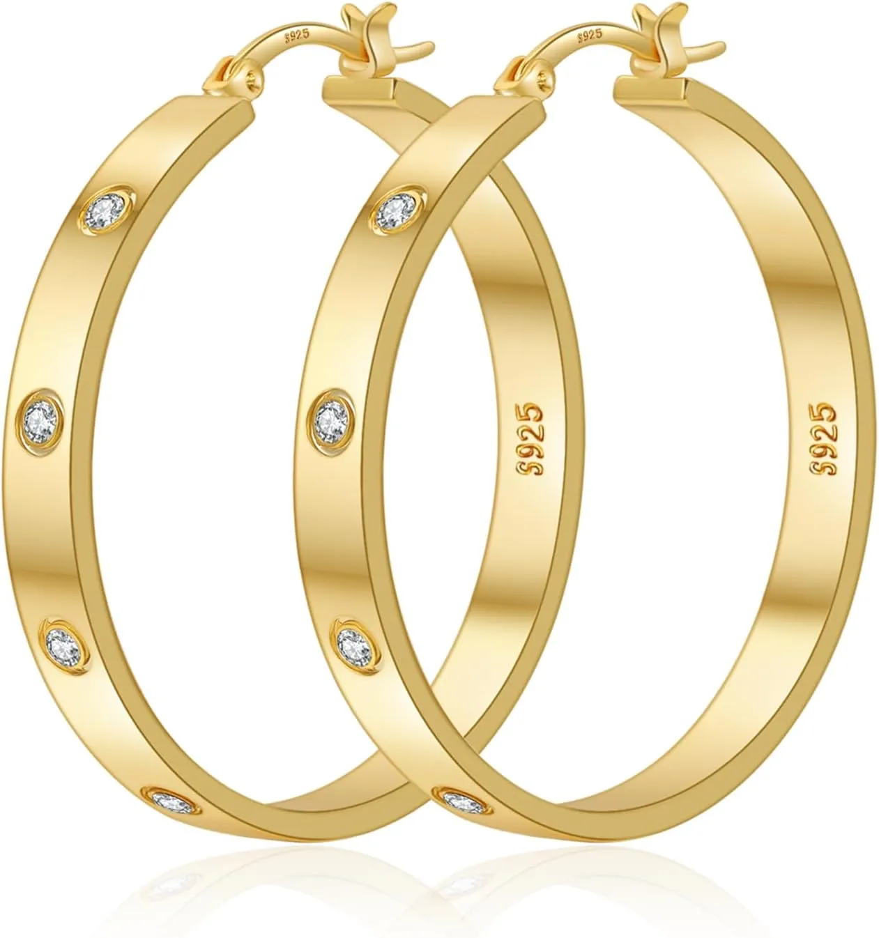 Lightweight Sterling Silver Hoop Earrings for Women 5MM Wide Large Rhinestone Hoop Earrings Sparkly 14K Gold Plated Big Hoops Earring for Sensitive Ears 30/40/50/60mm