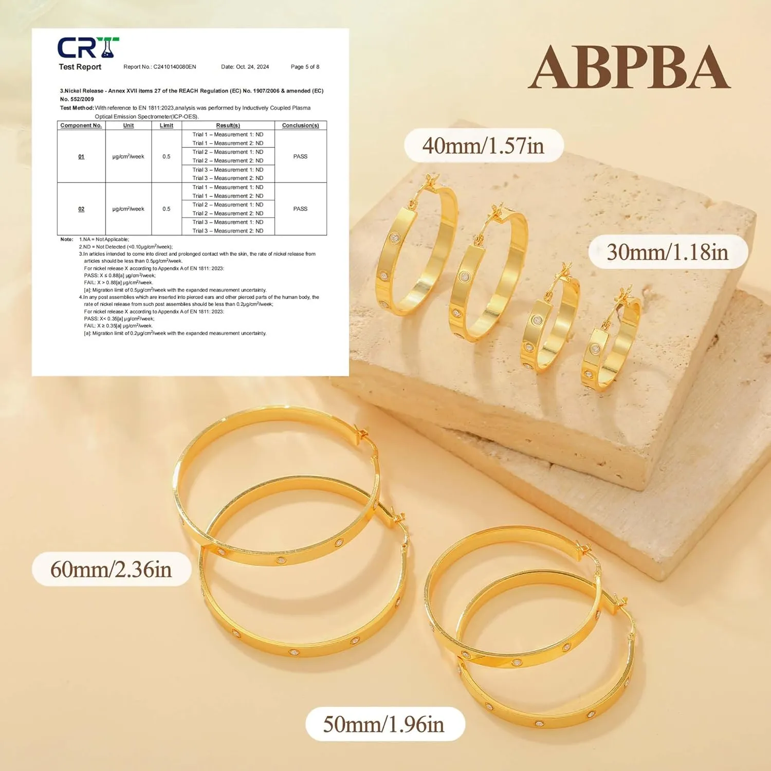 Lightweight Sterling Silver Hoop Earrings for Women 5MM Wide Large Rhinestone Hoop Earrings Sparkly 14K Gold Plated Big Hoops Earring for Sensitive Ears 30/40/50/60mm