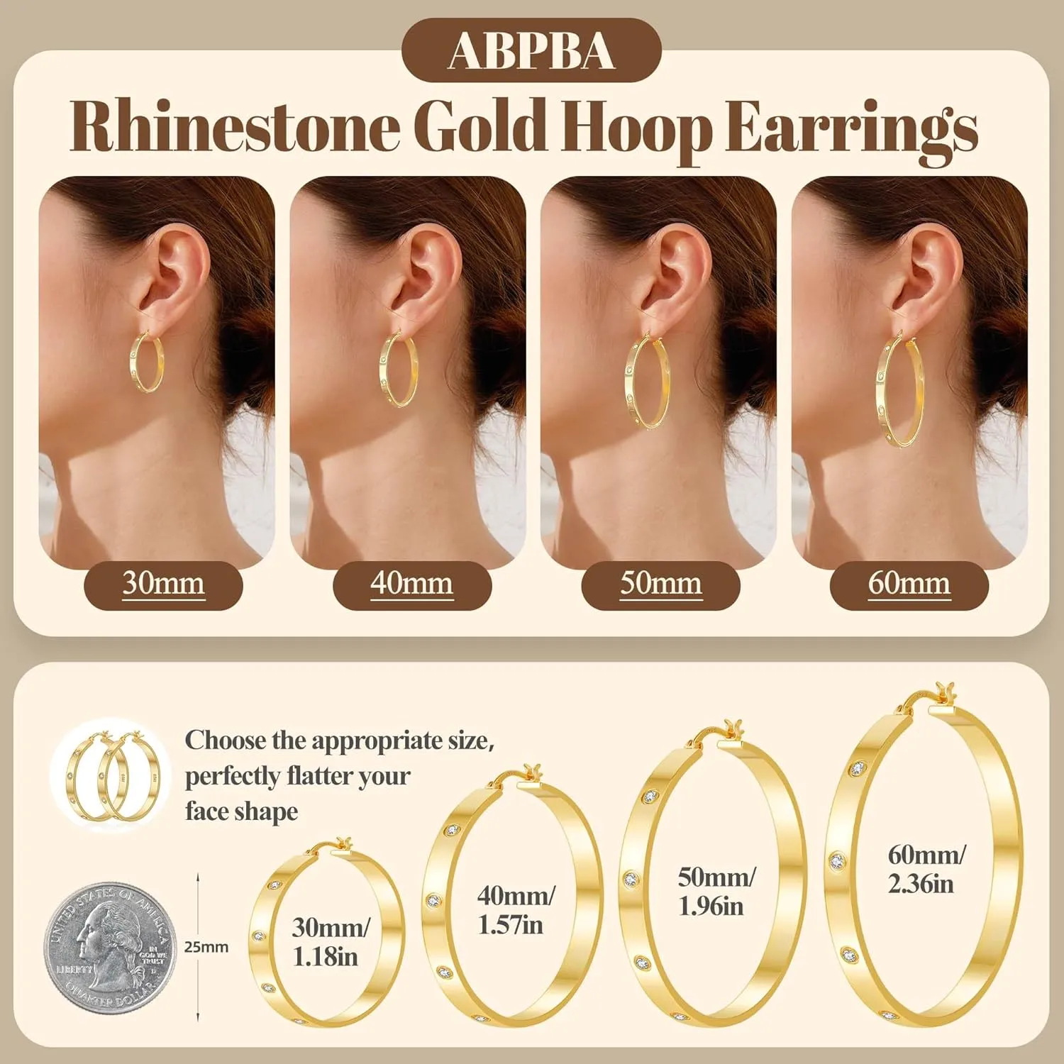 Lightweight Sterling Silver Hoop Earrings for Women 5MM Wide Large Rhinestone Hoop Earrings Sparkly 14K Gold Plated Big Hoops Earring for Sensitive Ears 30/40/50/60mm