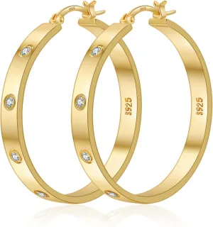 Lightweight Sterling Silver Hoop Earrings for Women 5MM Wide Large Rhinestone Hoop Earrings Sparkly 14K Gold Plated Big Hoops Earring for Sensitive Ears 30/40/50/60mm