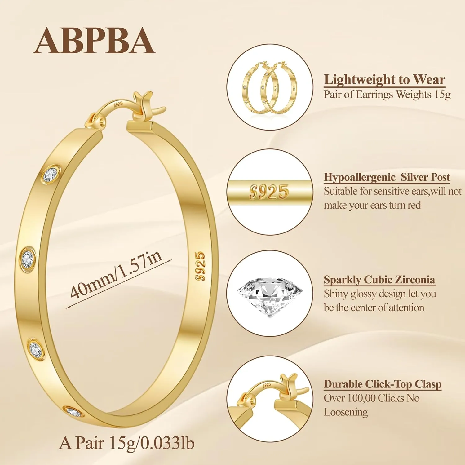 Lightweight Sterling Silver Hoop Earrings for Women 5MM Wide Large Rhinestone Hoop Earrings Sparkly 14K Gold Plated Big Hoops Earring for Sensitive Ears 30/40/50/60mm