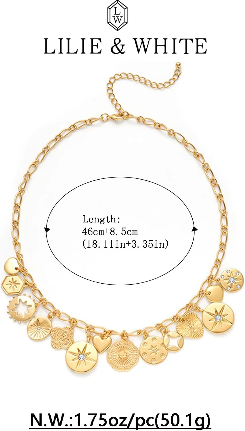 LILIE&WHITE Gold Heart Necklaces For Women With Different Heart Charms Gold Charm Sun Heart Necklace Coin Charms Fashion Jewelry Gift