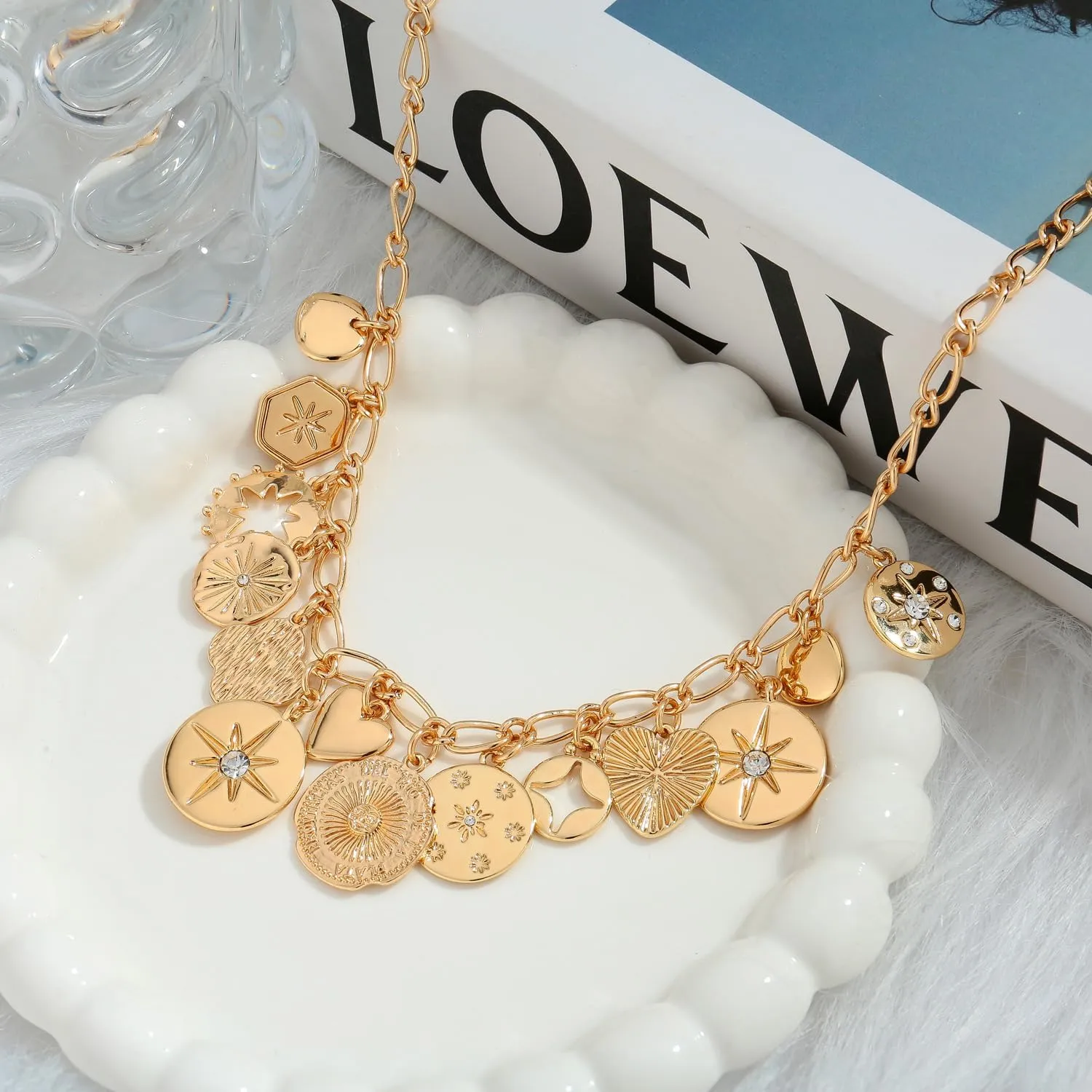 LILIE&WHITE Gold Heart Necklaces For Women With Different Heart Charms Gold Charm Sun Heart Necklace Coin Charms Fashion Jewelry Gift