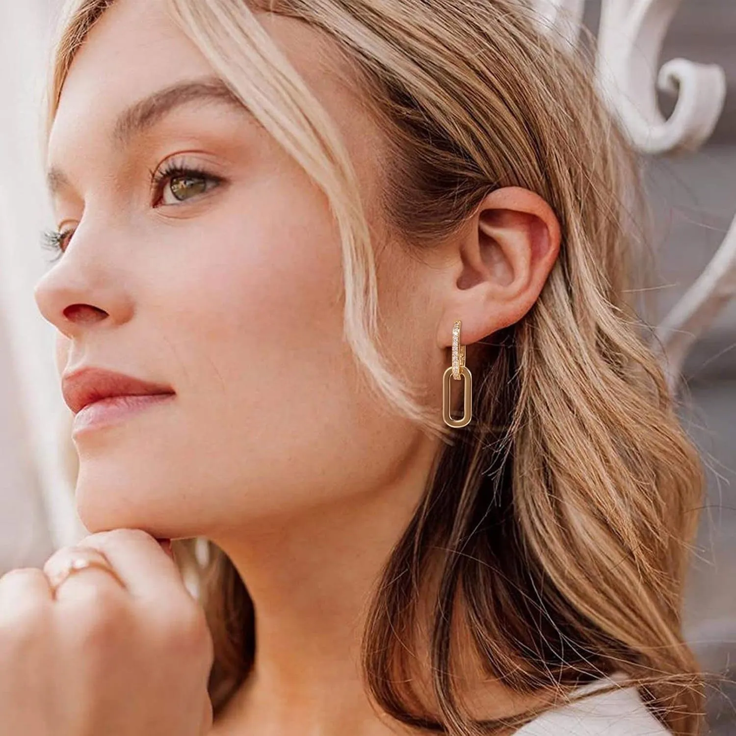 LILIE&WHITE Pave Cubic Zircon Convertible Link Earrings For Women 14K Gold Hoop Earrings For Women Paperclip Link Chain Jewelry Drop Dangle Earrings set for women Rectangle Earrings