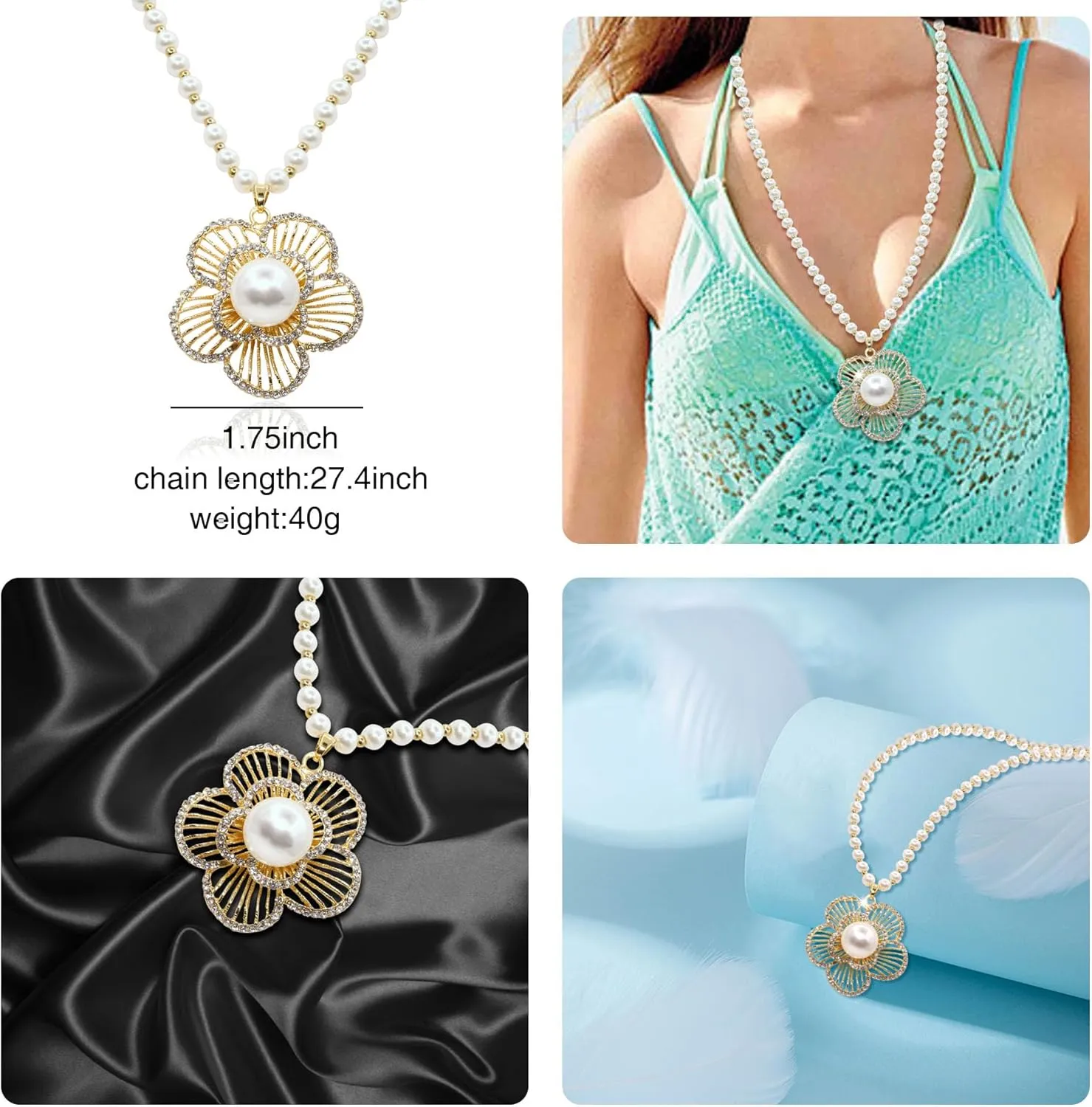 Long Crystal Flower Pendant Necklace for Women Large Rhinestone Floral Pendant Pearl Beaded Necklaces Gold Plated Sweater Statement Necklace Fashion Jewelry for Women