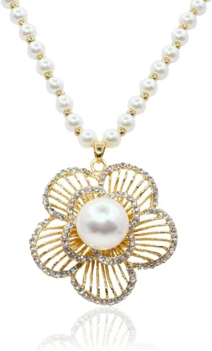 Long Crystal Flower Pendant Necklace for Women Large Rhinestone Floral Pendant Pearl Beaded Necklaces Gold Plated Sweater Statement Necklace Fashion Jewelry for Women