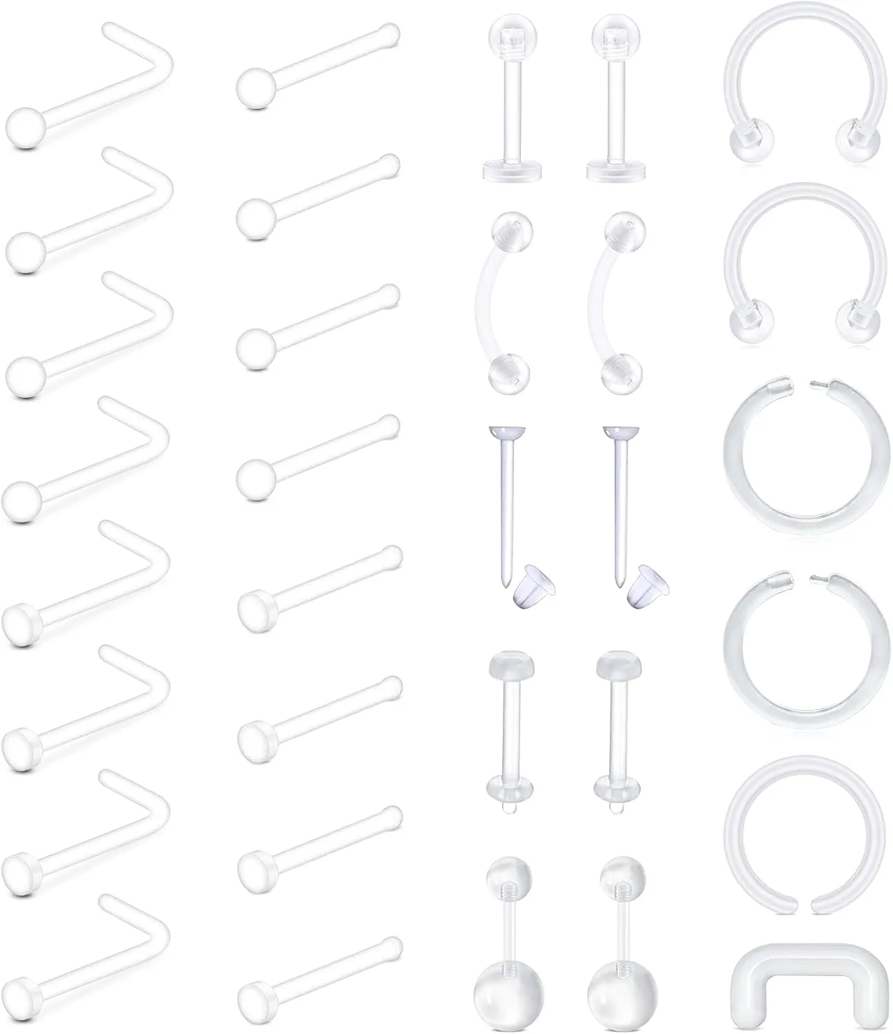 Longita Clear Nose Studs Clear Nose Rings for Work Clear Nose Piercing Plastics Nose Retainer for Surgery Nose Ring Spacers Nose Rings Retainer Septum Retainer Clear Lip Rings Plastic Earrings Studs