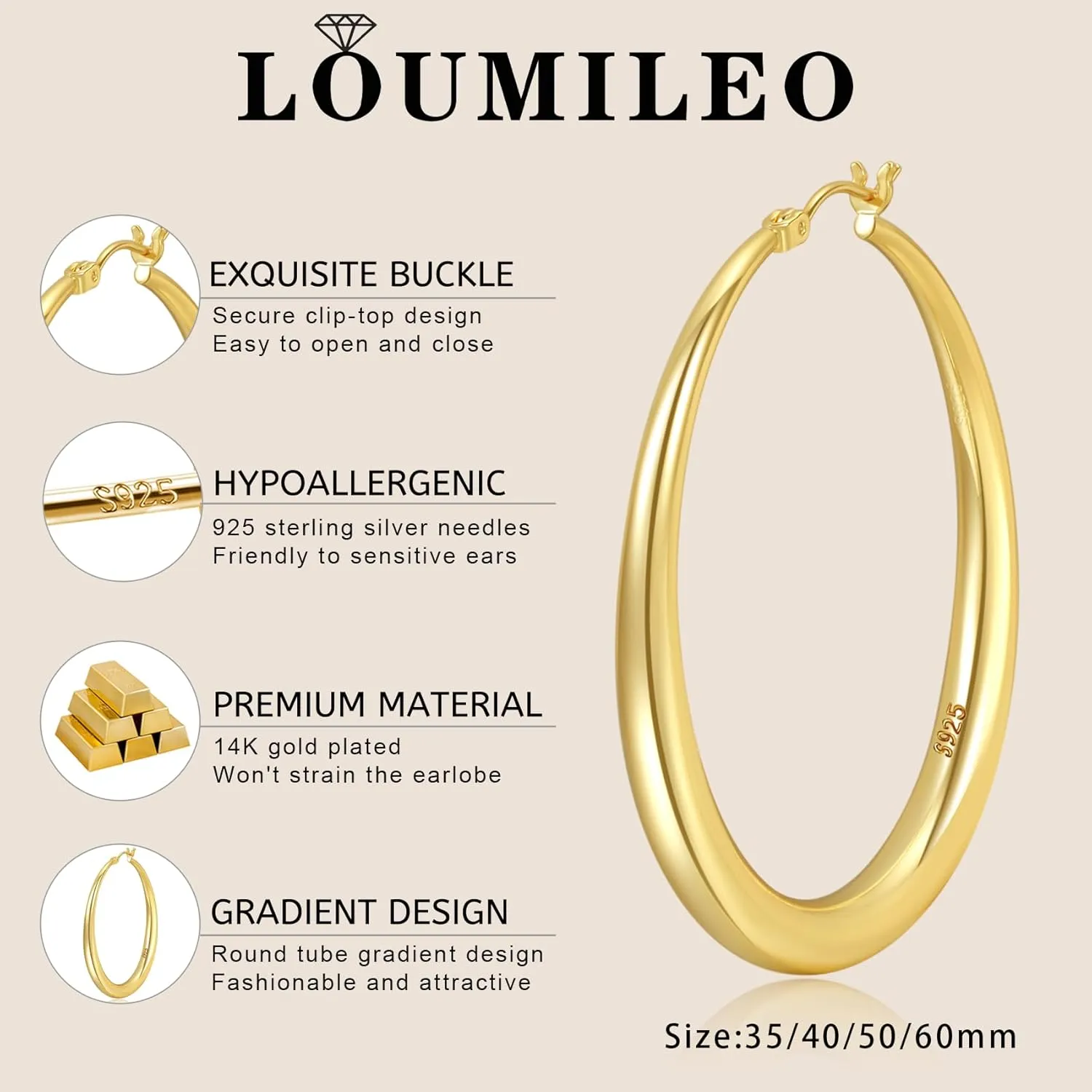 LOUMILEO Sterling Silver Hoop Earrings - Large Hypoallergenic Big Hoops for Women (35/40/50mm)