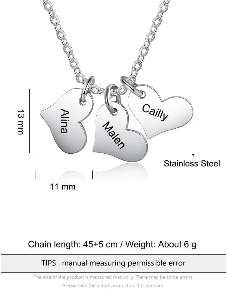 Love Jewelry Personalized Mother Name Necklace with 2-5 Hearts Pendant Stainless Steel Engraved Necklace Custom Family Name Necklaces for Women