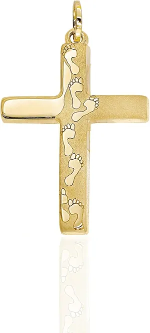 Lucchetta - Foot Prints in the Sand Yellow Gold Jesus Cross Pendant/Authentic Christian Jewelry from Italy/for Necklaces (up to 4mm)