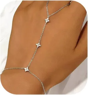 Lucky Leaf Finger Chain Ring Bracelet for Women Dainty 925 Sterling Silver Body Ring Hand Bracelet Cute 14K Gold Plated Stackable Pendant Flower CZ Handmade to Daughter Mother Wedding Birthday Jewelry