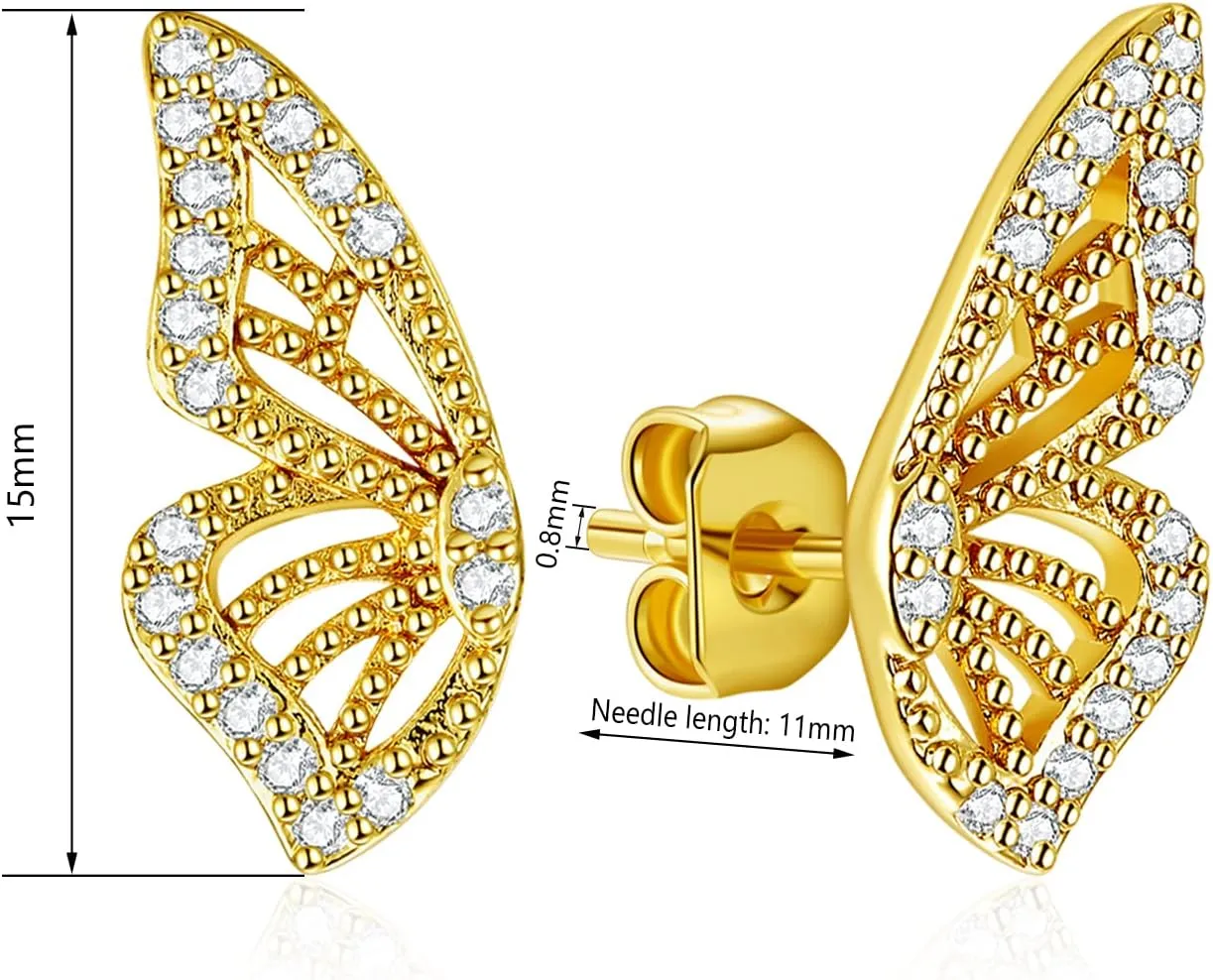Luxval Butterfly Wing Earrings18K Gold Plated CZ Simulated Diamond Silver Stud Earrings, Tiny Butterfly Cartilage Earrings for women,Gold Stud Earrings for Girls