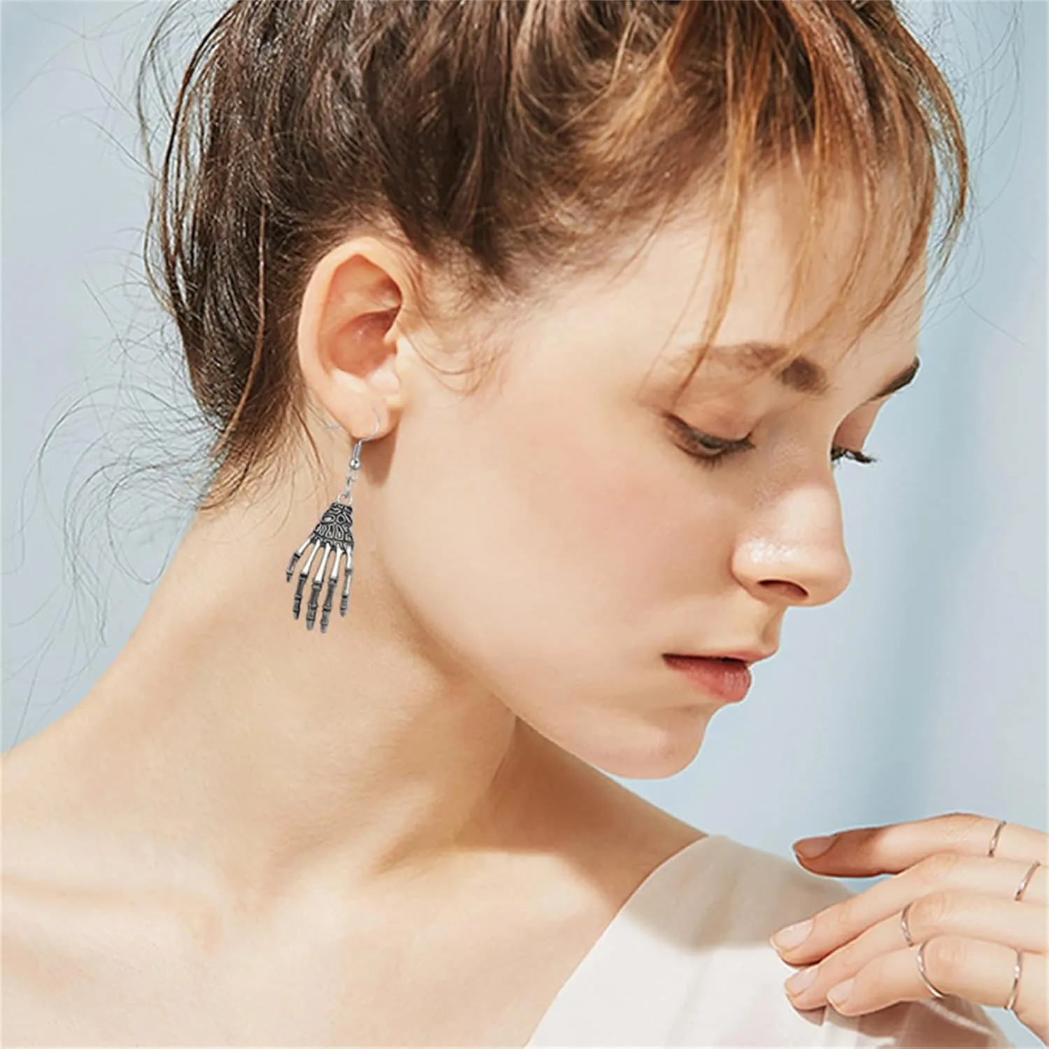 MALOYANVE Halloween Earrings Funny Sterling Silver Plated Retro Punk Skull Skeleton Hand Bone Statement Dangle Earrings for Women Party Jewelry