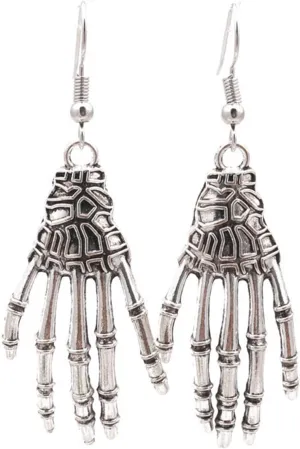 MALOYANVE Halloween Earrings Funny Sterling Silver Plated Retro Punk Skull Skeleton Hand Bone Statement Dangle Earrings for Women Party Jewelry